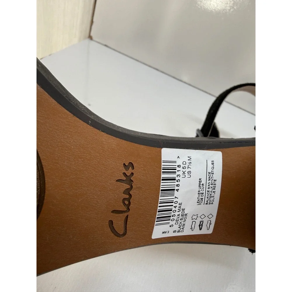 Clarks Collection Deva Mae Black Suede Block Heel Ankle Strap Sandals 7.5 M